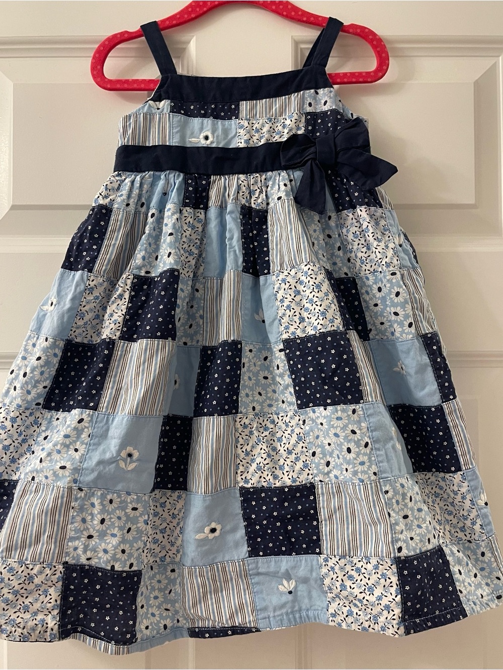 Vintage Janie and Jack patchwork/bow dress “Blue Skies” 3T